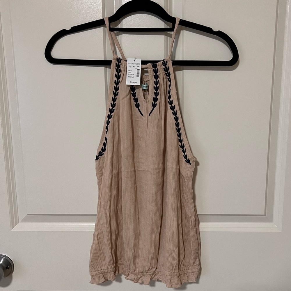 🦋 3/$20 Maurices Tan & Blue Tie Back Tank Top New with Tags